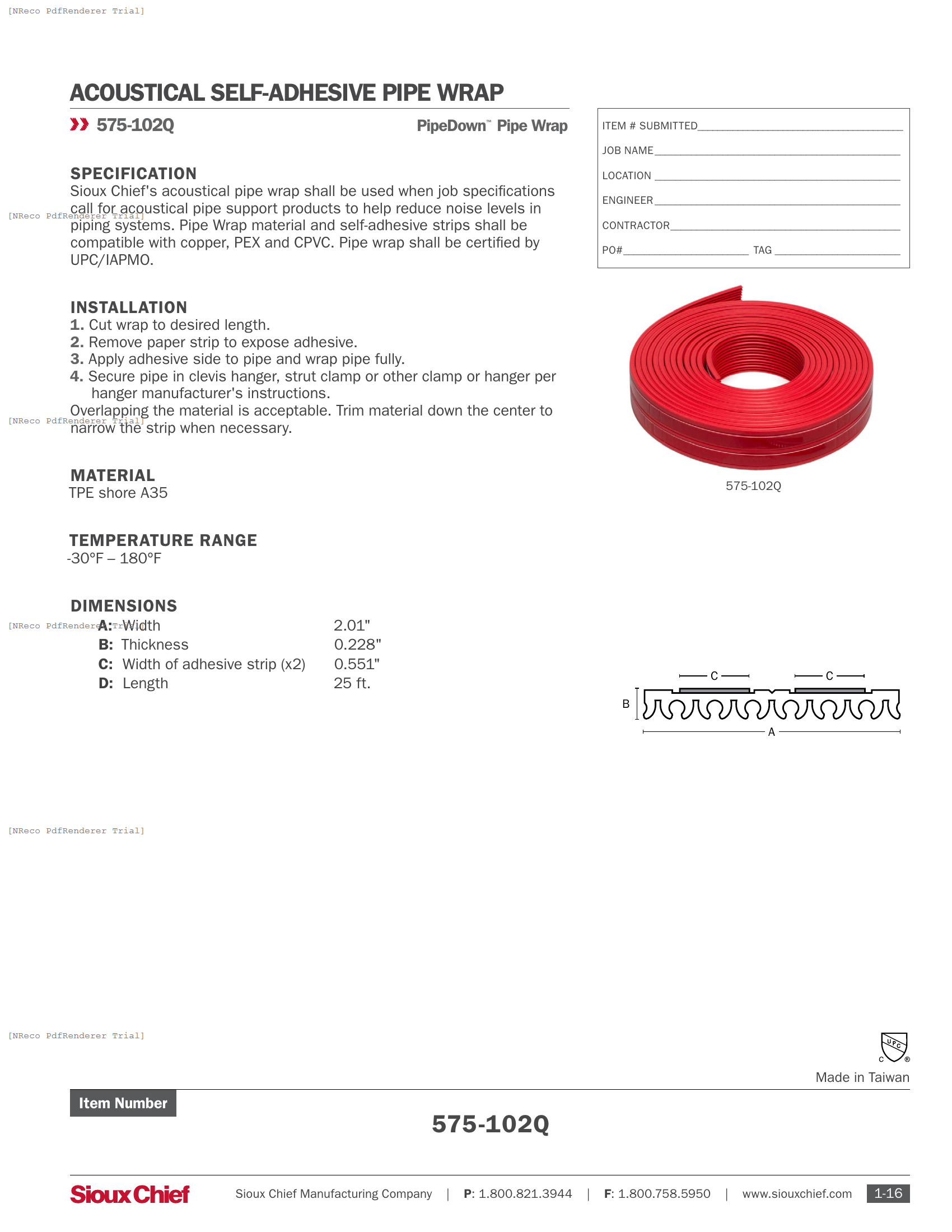 575-102Q - PIPEDOWN ADHESIVE ACOUSTICAL LINER - SPEC SHEET.PDF Specification Document